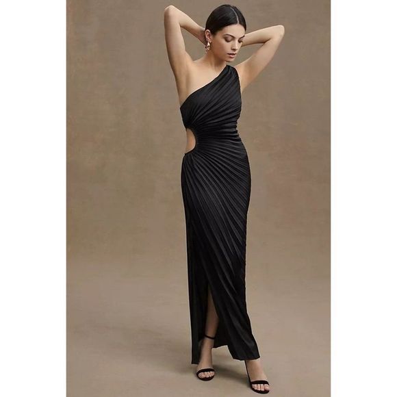 NWT Delfi Collective Solie Pleated One-Shoulder Cutout Sheath Gown Black Maxi - Picture 1 of 8